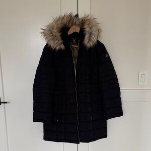 Calvin Klein Repel Warmth Factor Women's Black Puffer Coat Parka Faux Fur Sz PXL